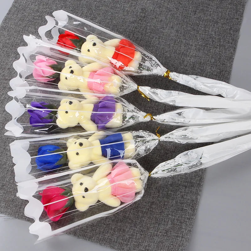 1 Pcs Romantic Artificial Soap Roses With Lovely Teddy Bear Birthday Gift Flowers Bouquet Scented Christmas Valentines Day Gift