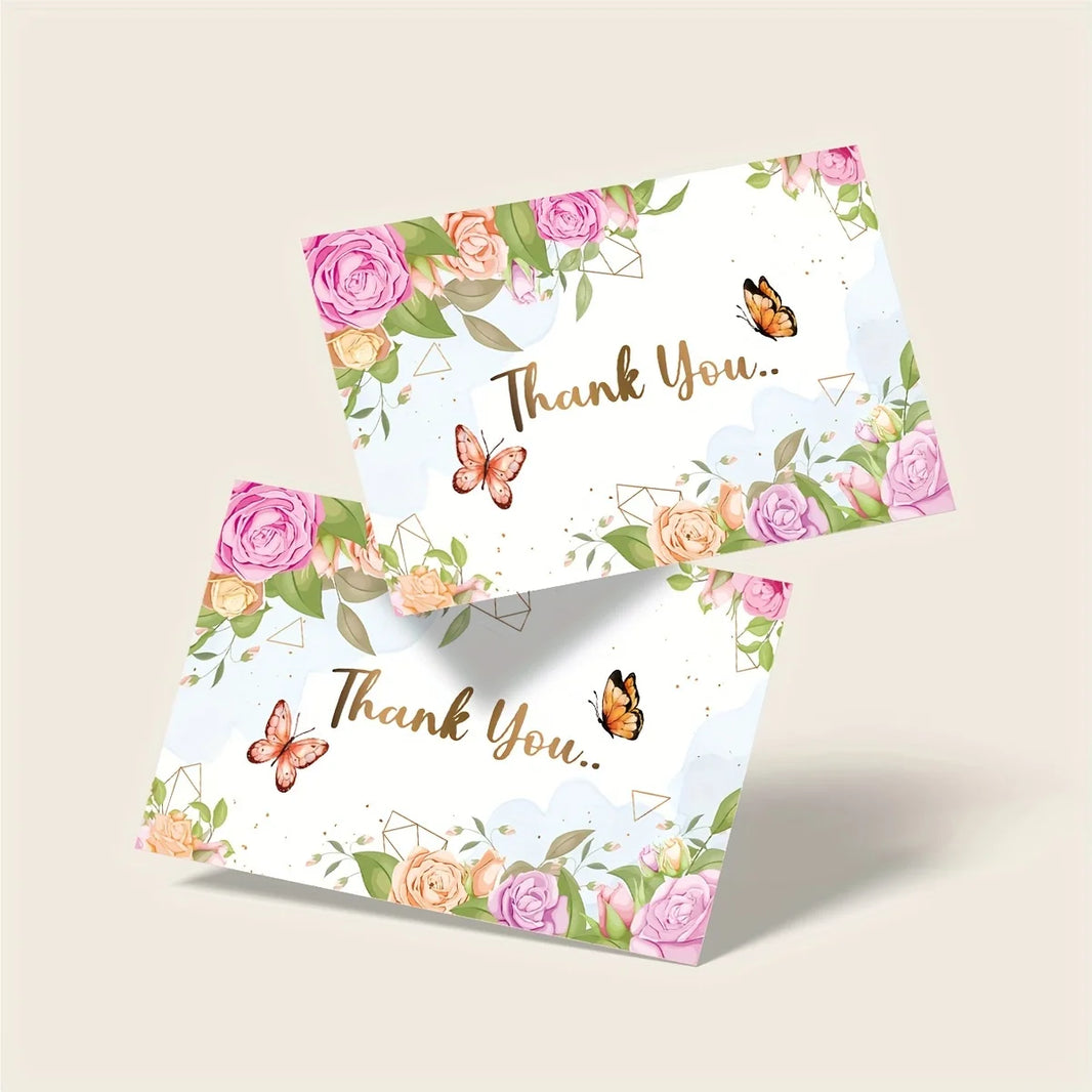 50PCS Elegant Floral Thank You Cards - Handwritten Style with Pink Roses and Butterflies, Paper Customer Thank You Cards