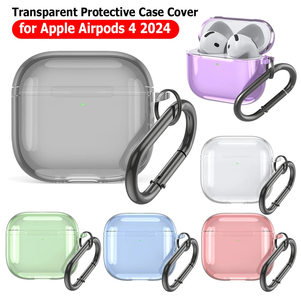 Wireless Earphone Cover TPU Shockproof Protective Cover Skin with Carabiner Transparent Case Anti-fall for Apple Airpods 4 2024