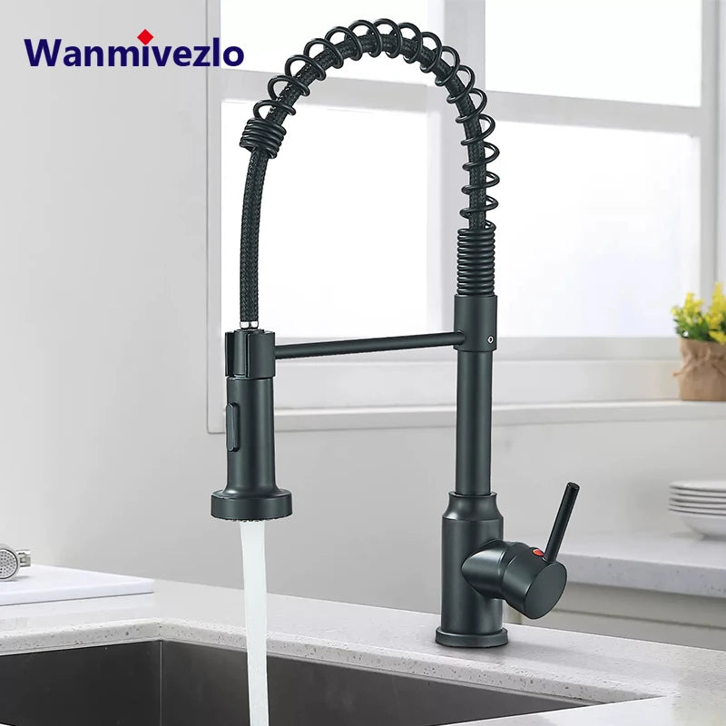 Black Spring Pull Down Kitchen Faucets Stream Spray Head Hot Cold Water Tap Stainless steel Rotation Kitchen Mixer Tap Crane