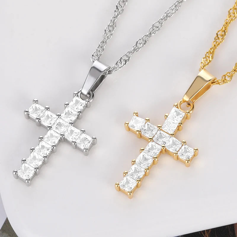 Stainless Steel Water Wave Chain Jesus Cross Necklace For Women Holy Virgin Mary Pendant Necklace For Men Religion Faith Jewelry