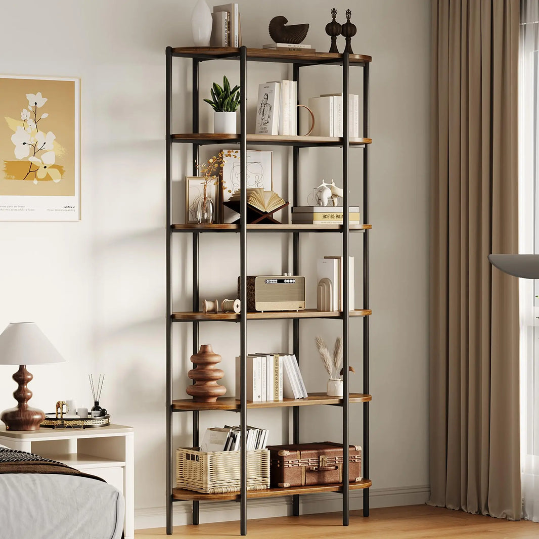 Open Bookshelf,6 Tier Tall Bookcase Unique Bookshelves Wooden Vintage Bookshelf Metal Frame Display Shelf Home Storage for Home