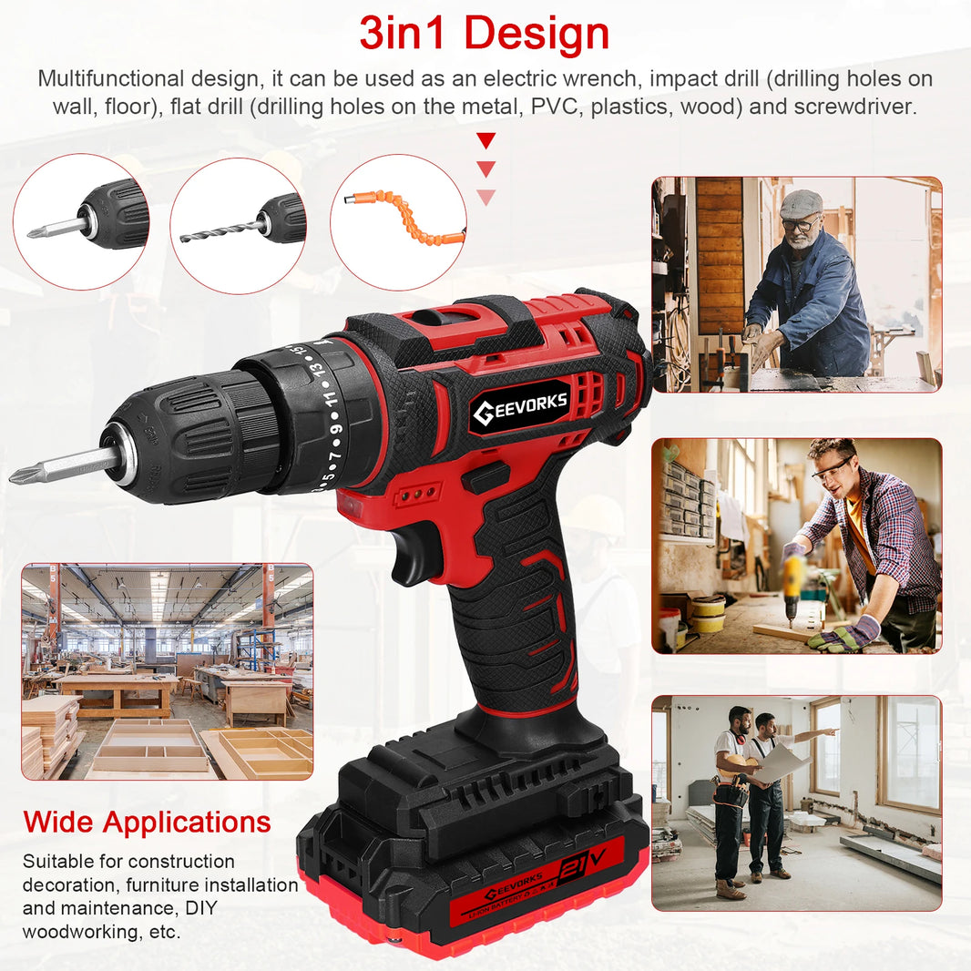 3 in 1 21V Electric Drill Rechargeable Cordless Electric Screwdriver Stepless Speed  Adjustment 25 Gears of Torques Adjustable