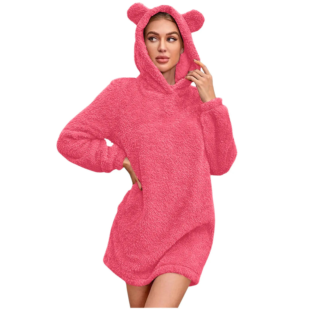 White Women Long Plush Hoodies Solid Color Cute Fall Fleece Hoodies Long Sleeve Warm Soft Sweatshirt Dresses
