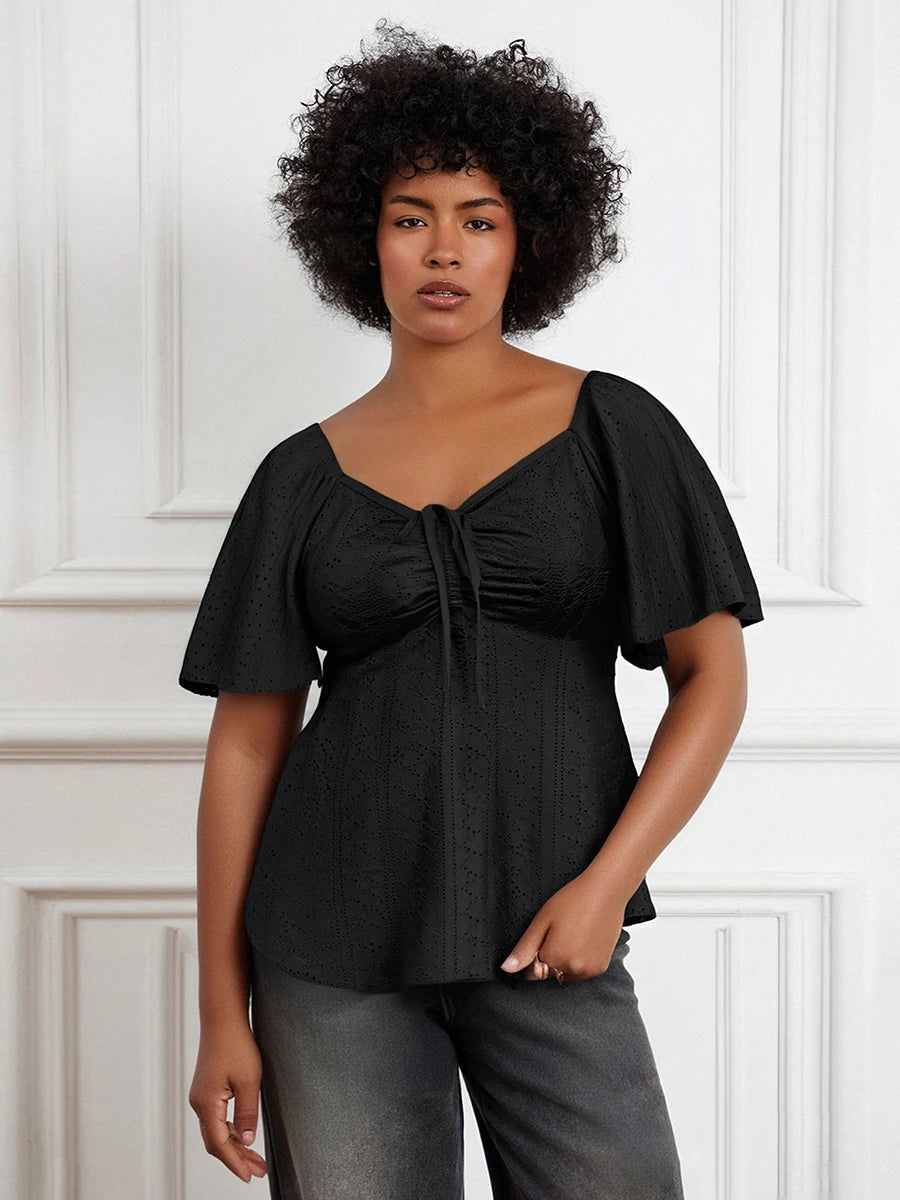 Women Plus Size Tops Casual Short Sleeve Blouses Solid Color V-Neck Hollow-Out Drawstring Tie-Up Front Summer Shirt Feminine