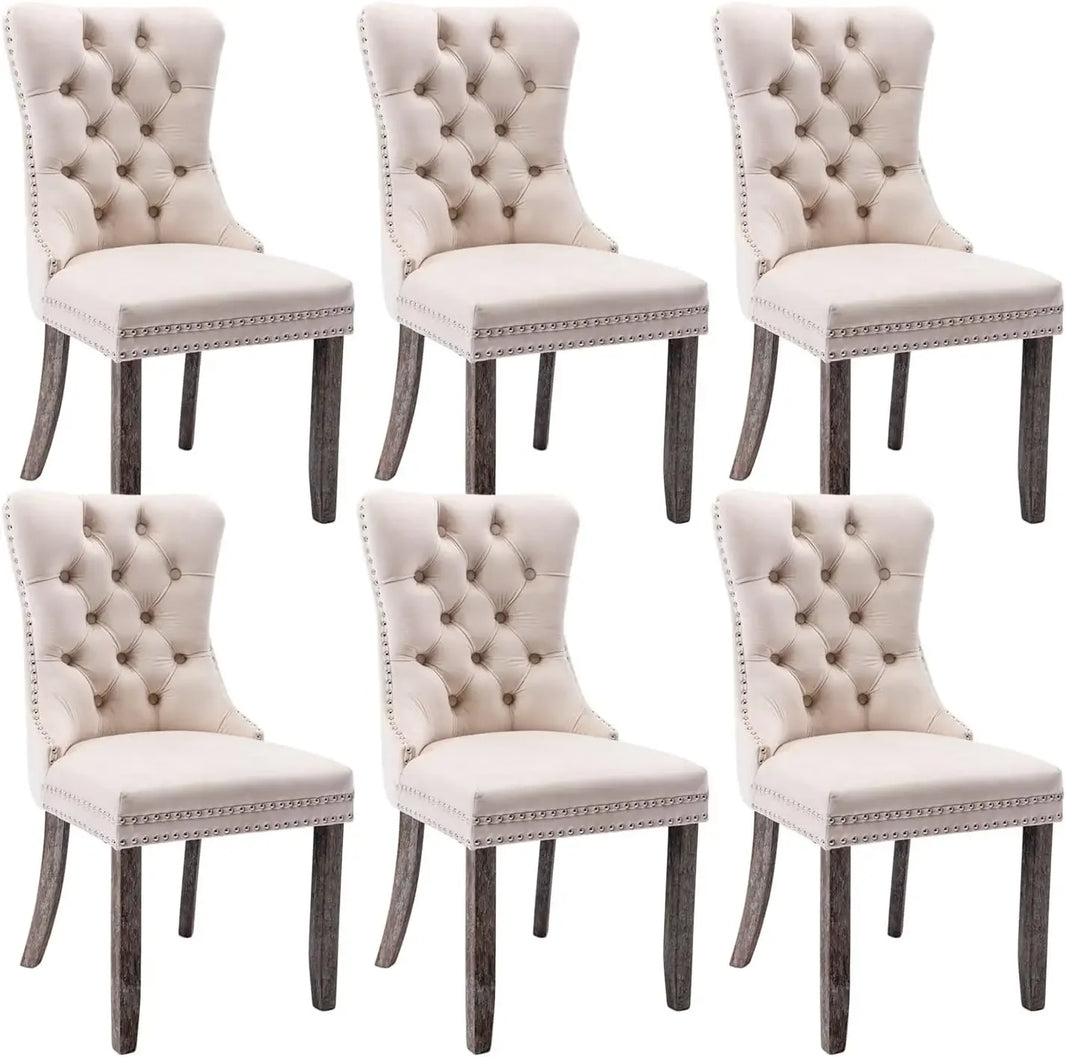 Tufted Dining Chairs Set of 6, Velvet Upholstered Dining Chairs with Nailhead Back and Ring Pull Trim, Solid Wood Dining Chairs