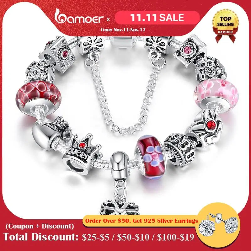 BAMOER Queen Jewelry Silver Plated Charms Bracelet & Bangles With Queen Crown Beads Bracelet for Women PA1823