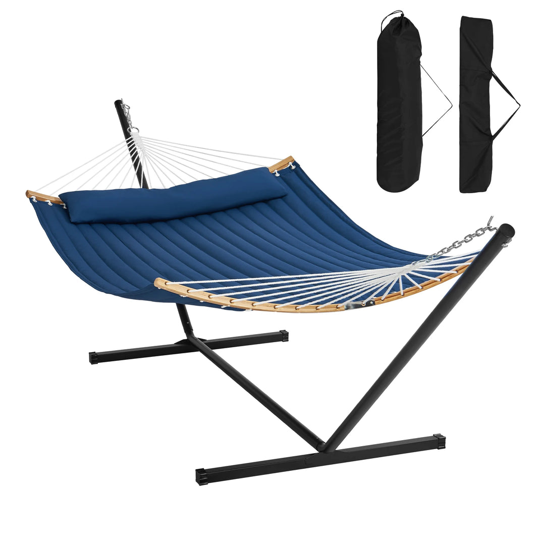 SucceBuy Two Person Hammock with Stand Included Double Hammock with Curved Spreader Bar and Detachable Pillow and Portable Bag