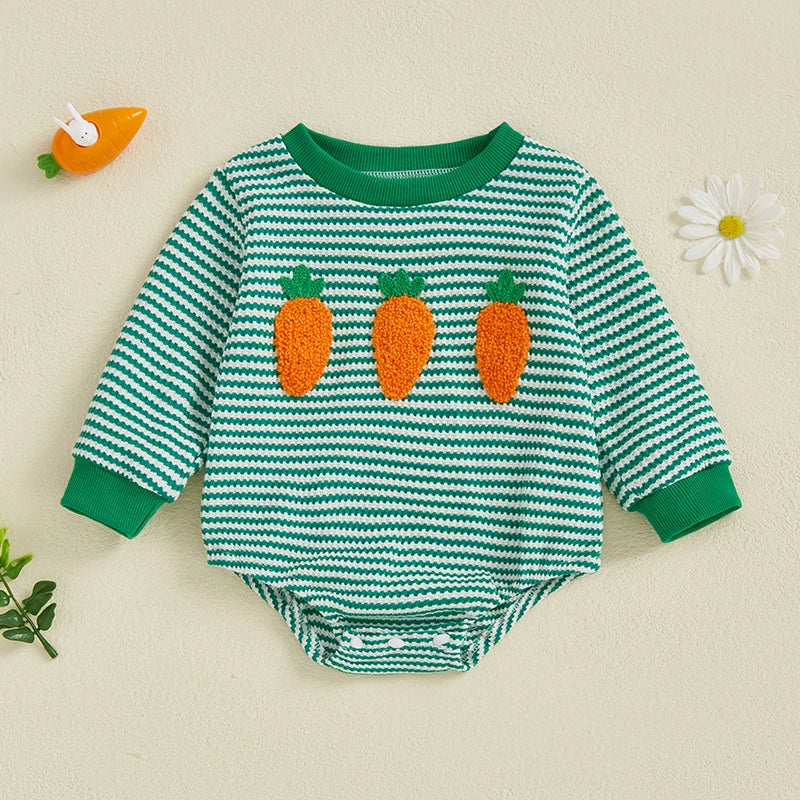 Adorable Infant Unisex Hoodies Rompers Spring Outfits Easter Bunny Carrot Embroidered Long Sleeve Bodysuits Jumpsuits
