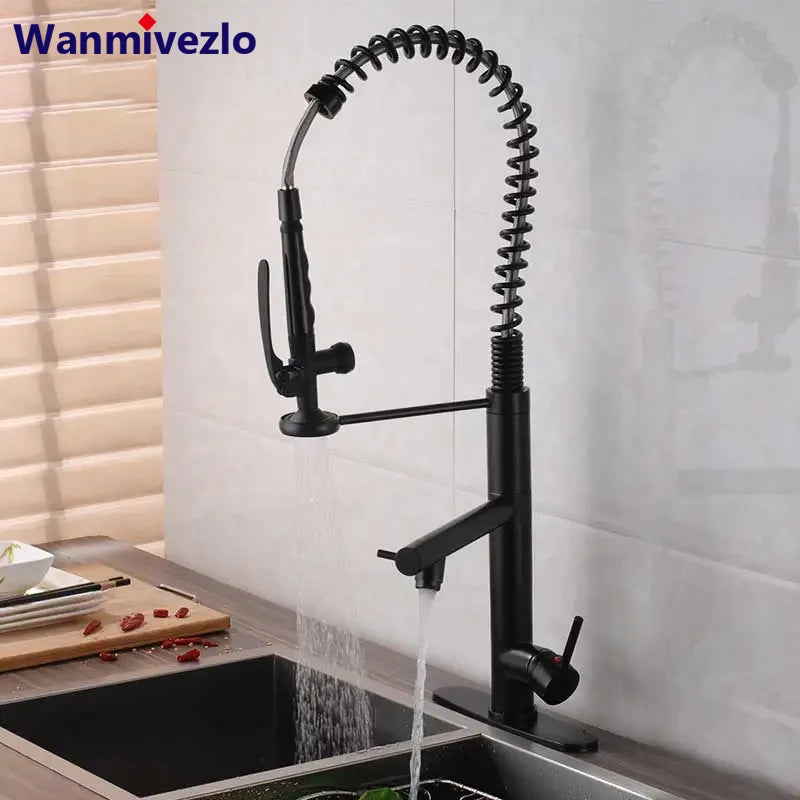 Deck Mounted Spring Pull Down Kitchen Faucet Swivel Handheld Sprayer Dual Spout Mixer Tap Kitchen Mixer Crane Cold Hot Water Tap
