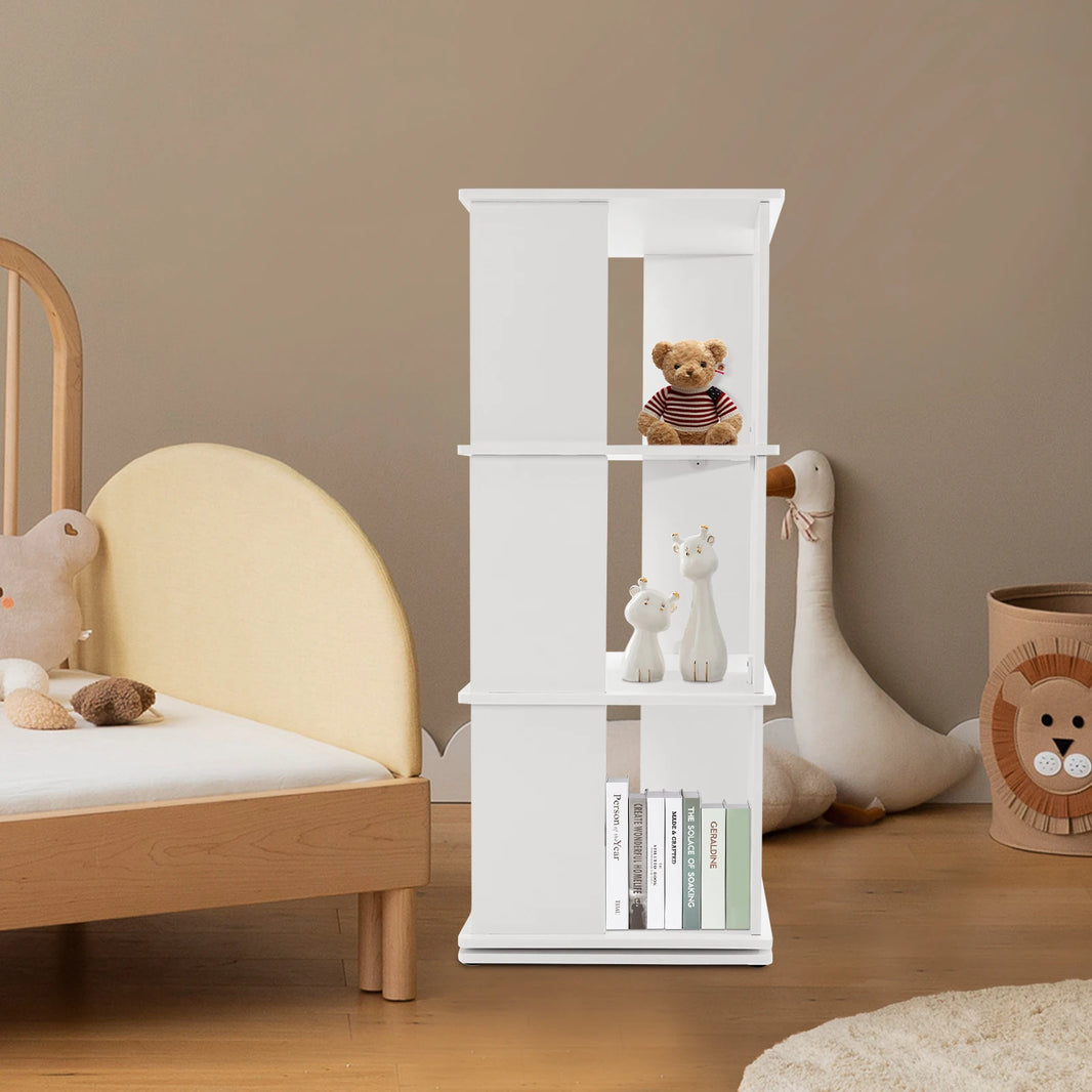 Stylish White 3-Tier Rotating Bookshelf, Space-Saving Design, 360° Rotation, Modern Home Storage for Books, Plants, and Decor