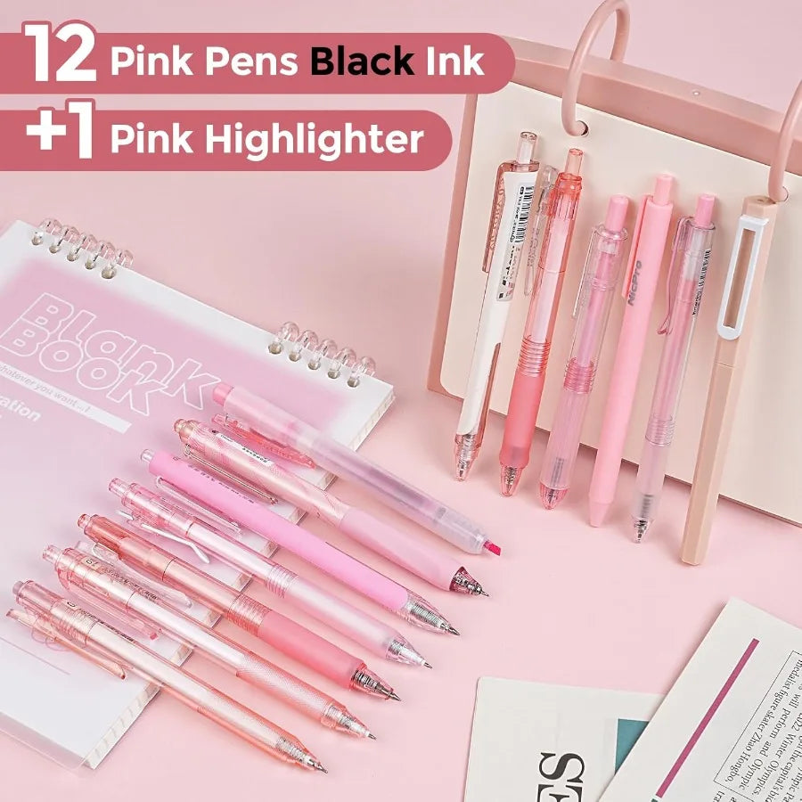 13Pack Pastel Gel Ink Pen Set with Case Cute Retractable 0.5mm Fine Point Pen 12 Pink Pens Black Ink with 1 Highlighter Aesthet