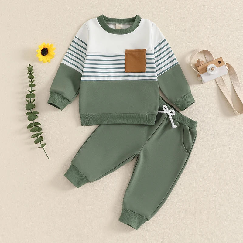 2024-09-12 Lioraitiin 6M-4Y  Kids Boys Outfit Long Sleeve Stripes Sweatshirt with Elastic Waist Sweatpants Fall Outfit