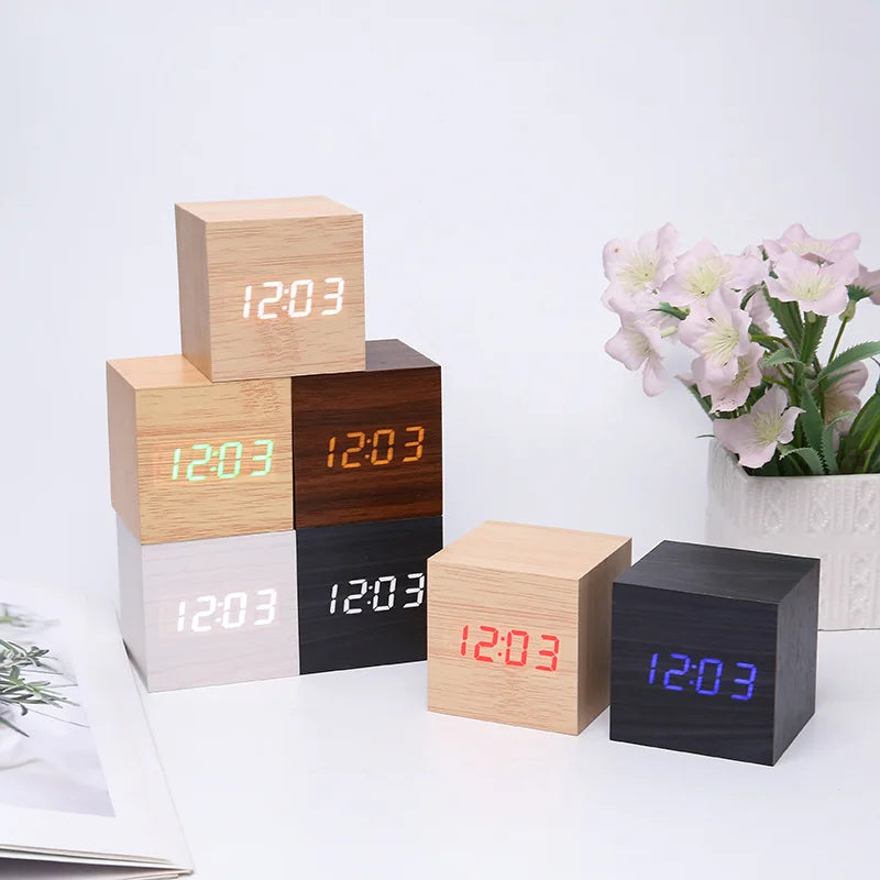 Wood Cube Voice Control Led Alarm Clock Decorative Clock Ornaments Art Crafts Supplies for Home Bedroom Dormitory Drop Ship