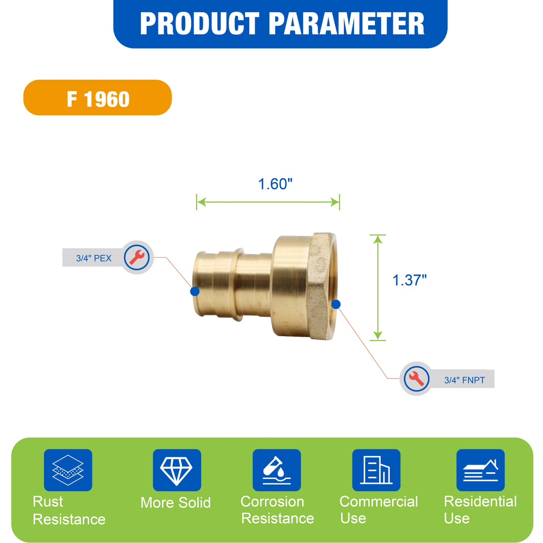 KING SMART  F1960/Wisbo/PEX A Expansion PEX 3/4" * 3/4" Female NPT Straight Female Adapter; 6Pcs/Case; Lead Free Brass; 80261