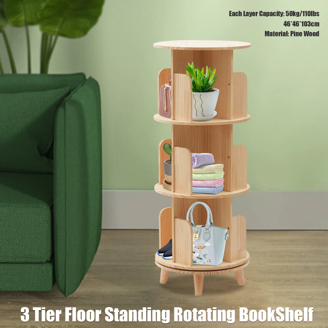 111cm Floor Standing Solid Wood 3-layer Rotating Bookshelf Home Storage Rack