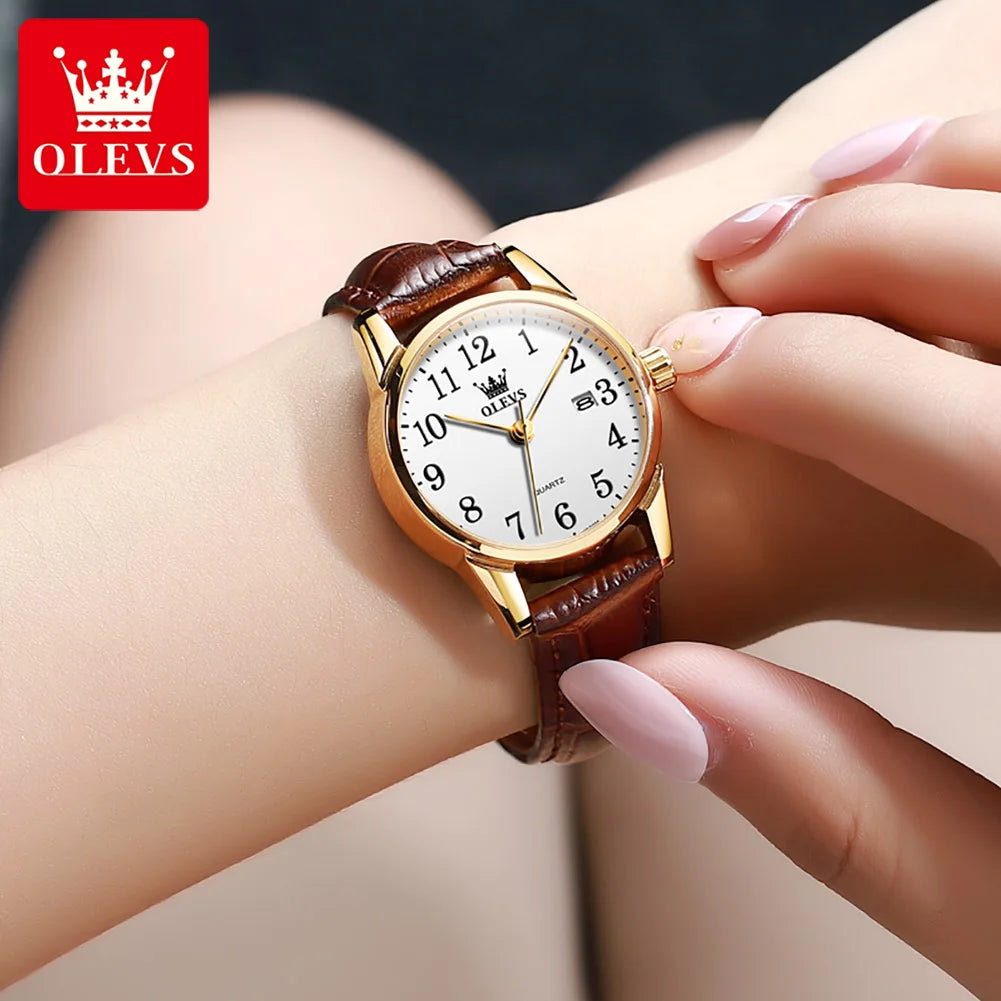 OLEVS Brand Fashion Quartz Watch for Men and Women Leather Strap Waterproof Original Watch Arabic Numeral Scale Giving to Elders