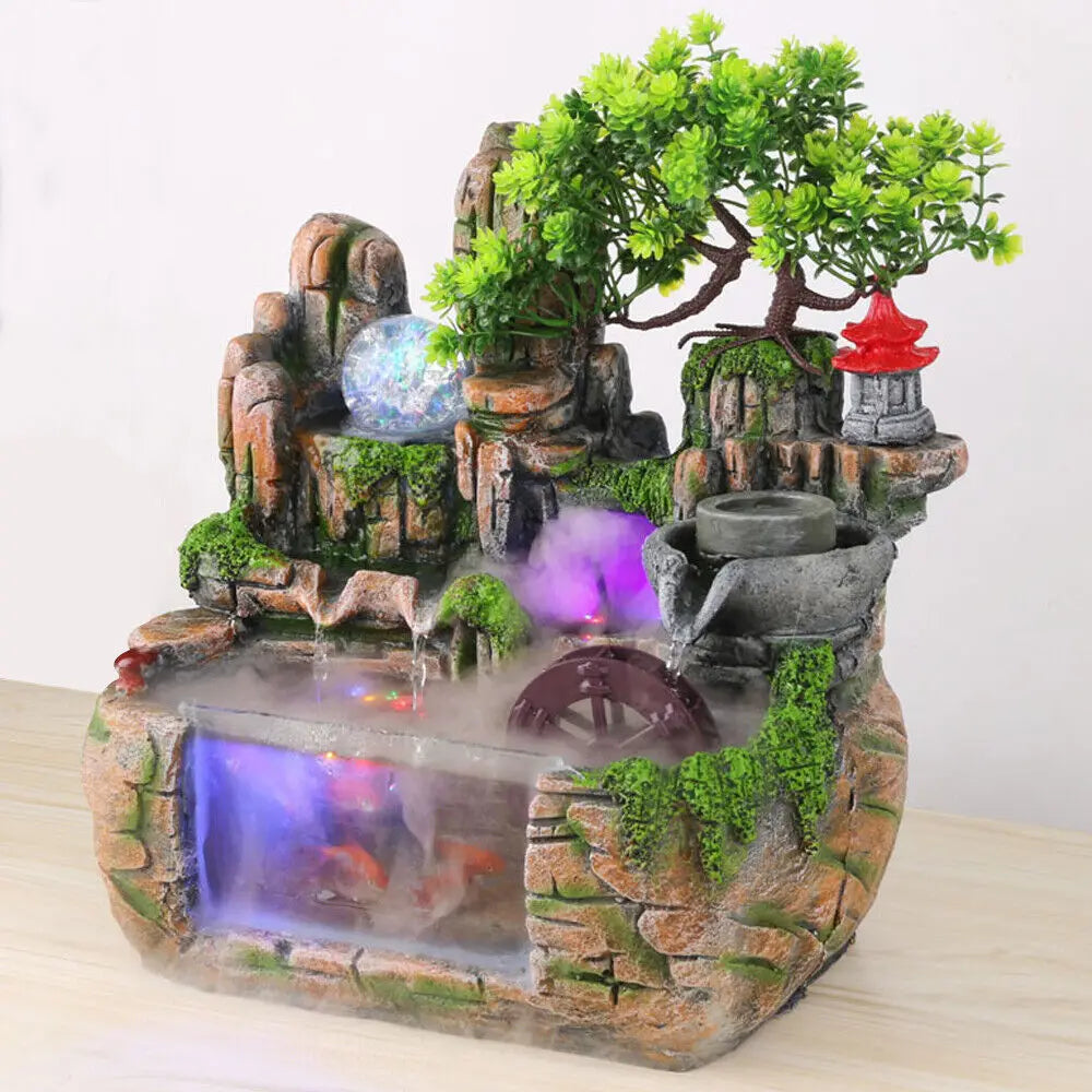 Resin Tabletop Water Fountain – Rockery Design, LED Lighting, Fish Tank, Air Humidifier, Meditation Aid for Home and Office Déco