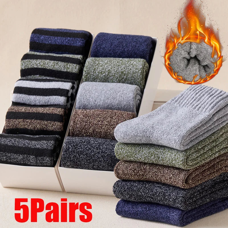 5 Pairs Socks Men Super Thicker Solid Sock Striped Merino Wool Rabbit Socks Against Cold Snow Russia Winter Warm Soft Male Sock