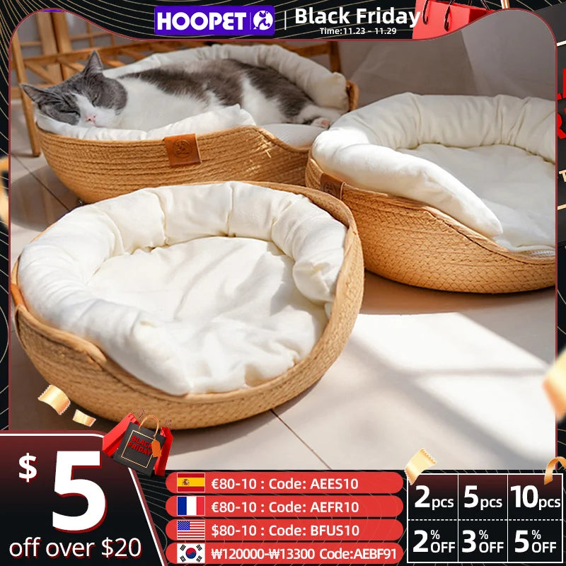 HOOPET Four Seasons Pet Bed Kennel for Cat Puppy Dog Beds Sofa Handmade Bamboo Weaving Cat Cozy Nest Pet Accessories