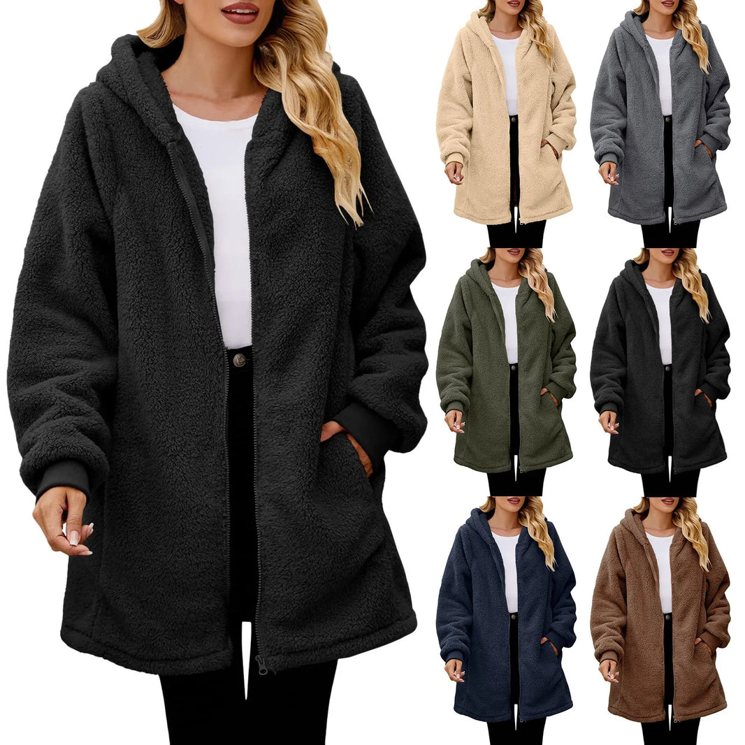 Women's Oversized Plush Jacket Solid Color Zippers Hooded Streetwear Cardigan Autumn And Winter Fleece Outerwear Chaquetas