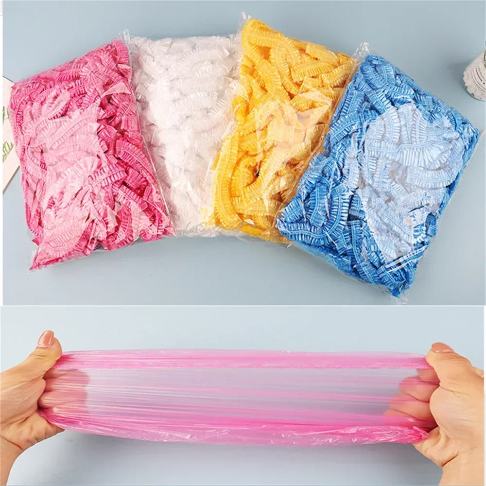 50/100Pcs Disposable Plastic Shower Hair Cap Women Waterproof Spa Salon Hotel Hair Dye Elastic Shower Cap Bathroom Accessories