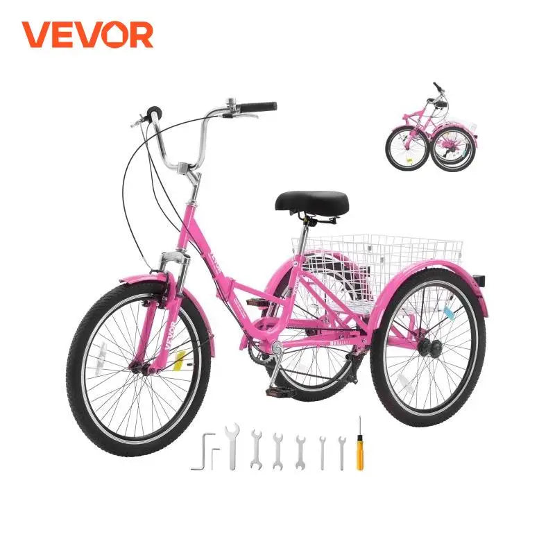 VEVOR 24inch 7-Speed Folding Adult Tricycle Folding Trikes Carbon Steel 3 Wheel Cruiser Bike with Basket for Shopping Picnic