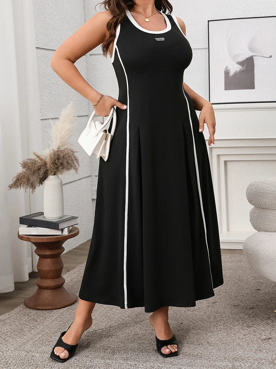 Women Plus Size Sleeveless Dress Summer Casual Contrast Color Round Neck A-Line Party Dress for Streetwear with Floral Print