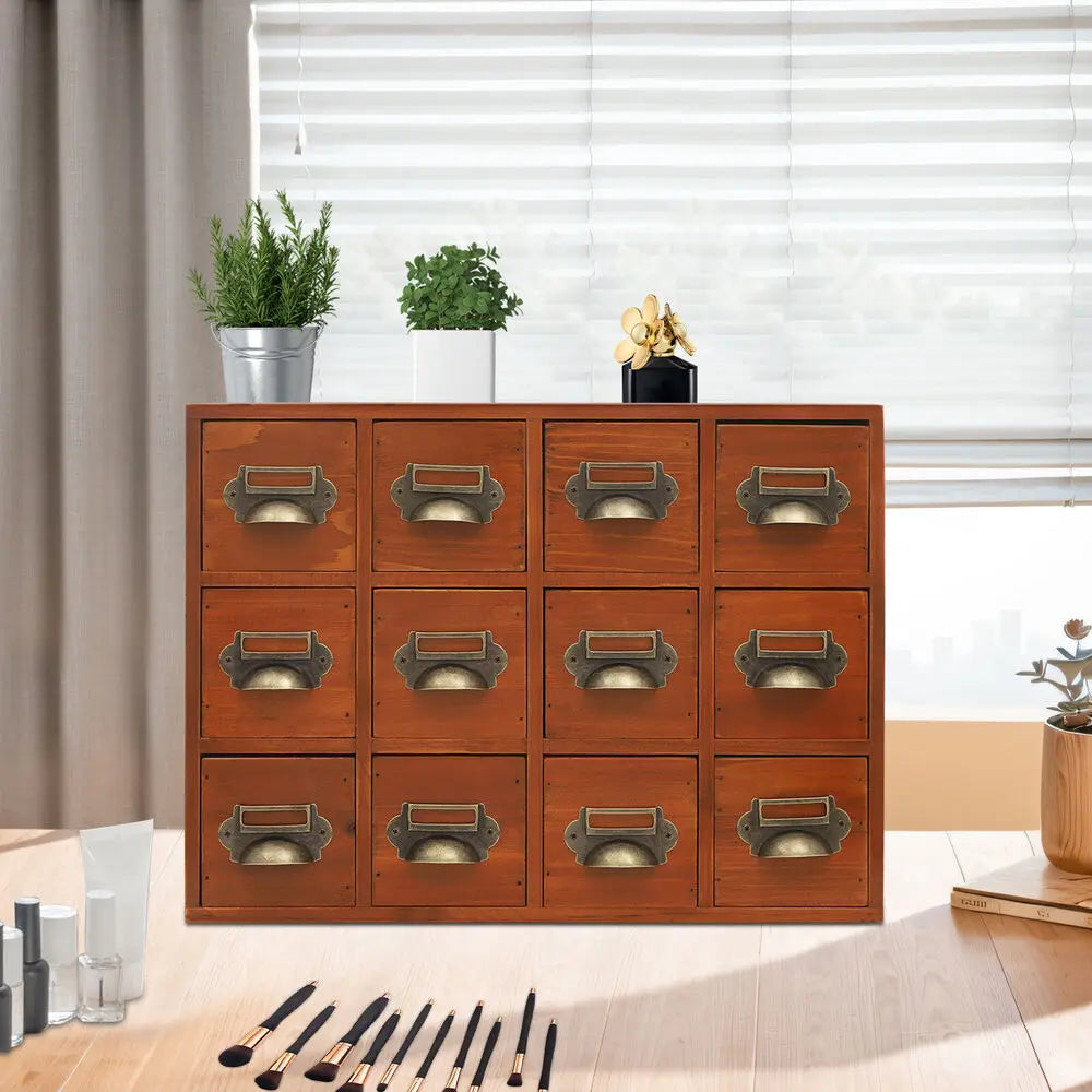 12 Drawers Wooden Desktop Organizer Home Storage Case Cosmetic Dresser Box Brown