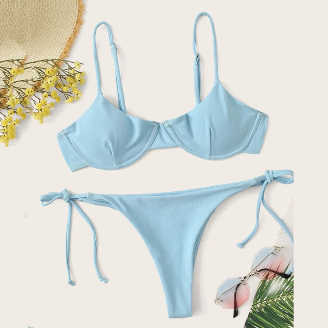 Push Up Padded Bra Thong Two Pieces Beachwear Solid Color Swimsuit Lace Up Bikini Set Summer Beach Wear Swimming Ropa De Mujer