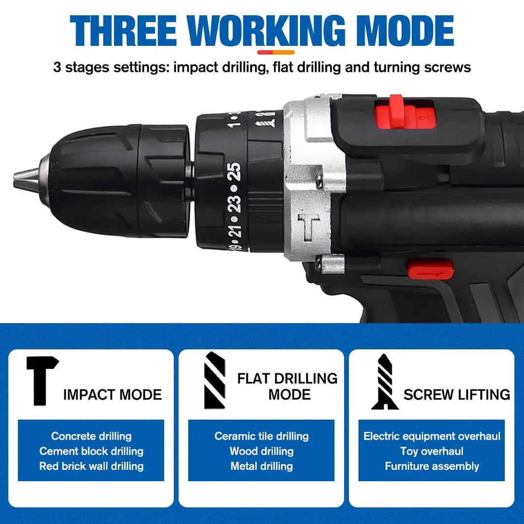 25+3 Torque Cordless Drill Electric Screwdriver Rechargeable Electric Drill Lithium-Ion Battery 2 Speed DIY Driver Power Tools