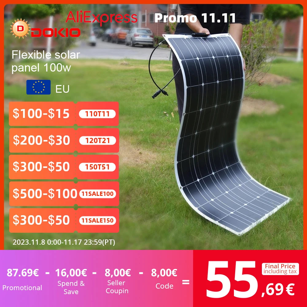 DOKIO 18V 100W Flexible Solar Panels 300W Waterproof Monocrystalline Solar Panel Camping RV Home Charge 12V DFSP-100M