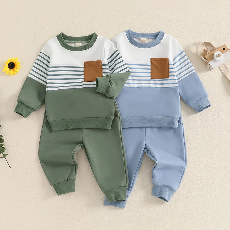 2024-09-12 Lioraitiin 6M-4Y  Kids Boys Outfit Long Sleeve Stripes Sweatshirt with Elastic Waist Sweatpants Fall Outfit