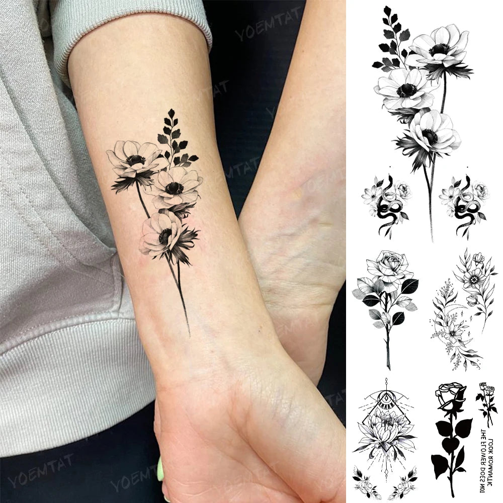 Transfer Waterproof Temporary Tattoo Sticker Women Realistic Flower Plant Rose Peony Snake Flash Tatto Men Kid Wrist Fake Tatoo