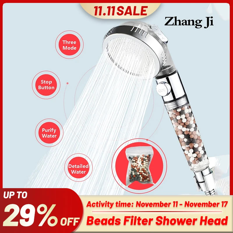 ZhangJi 3 Modes Adjustable High Pressure Shower Head Tourmaline Replaceable Filter SPA Shower Water Saving  Switch Button Shower