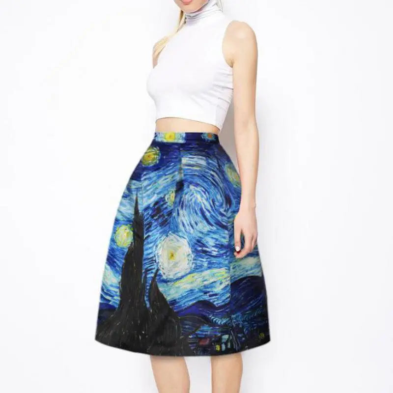 Qybian New Faldas Vintage Van Gogh Print Ladies Skirts High Waist Womens Skirts Christmas Skirt Plus Size Skirt