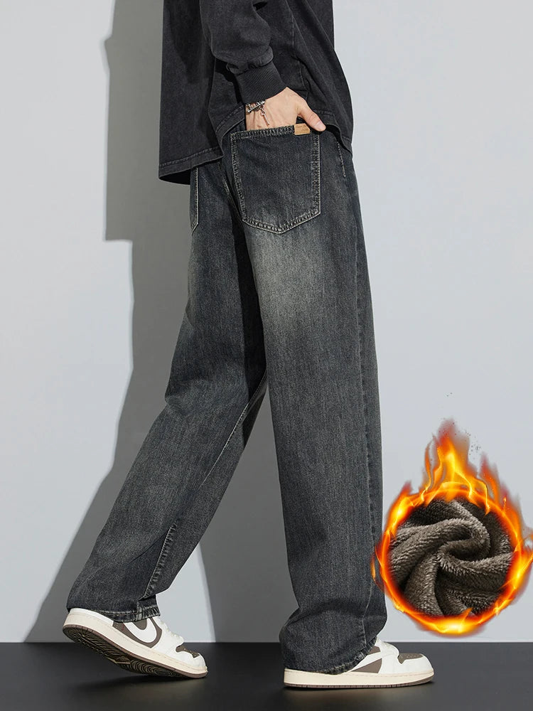Korean Wide Legs Fleece Jeans Men's Winter Warm Thickened Velvet Loose Straight Casual Denim Pants Korean Fashion Trousers