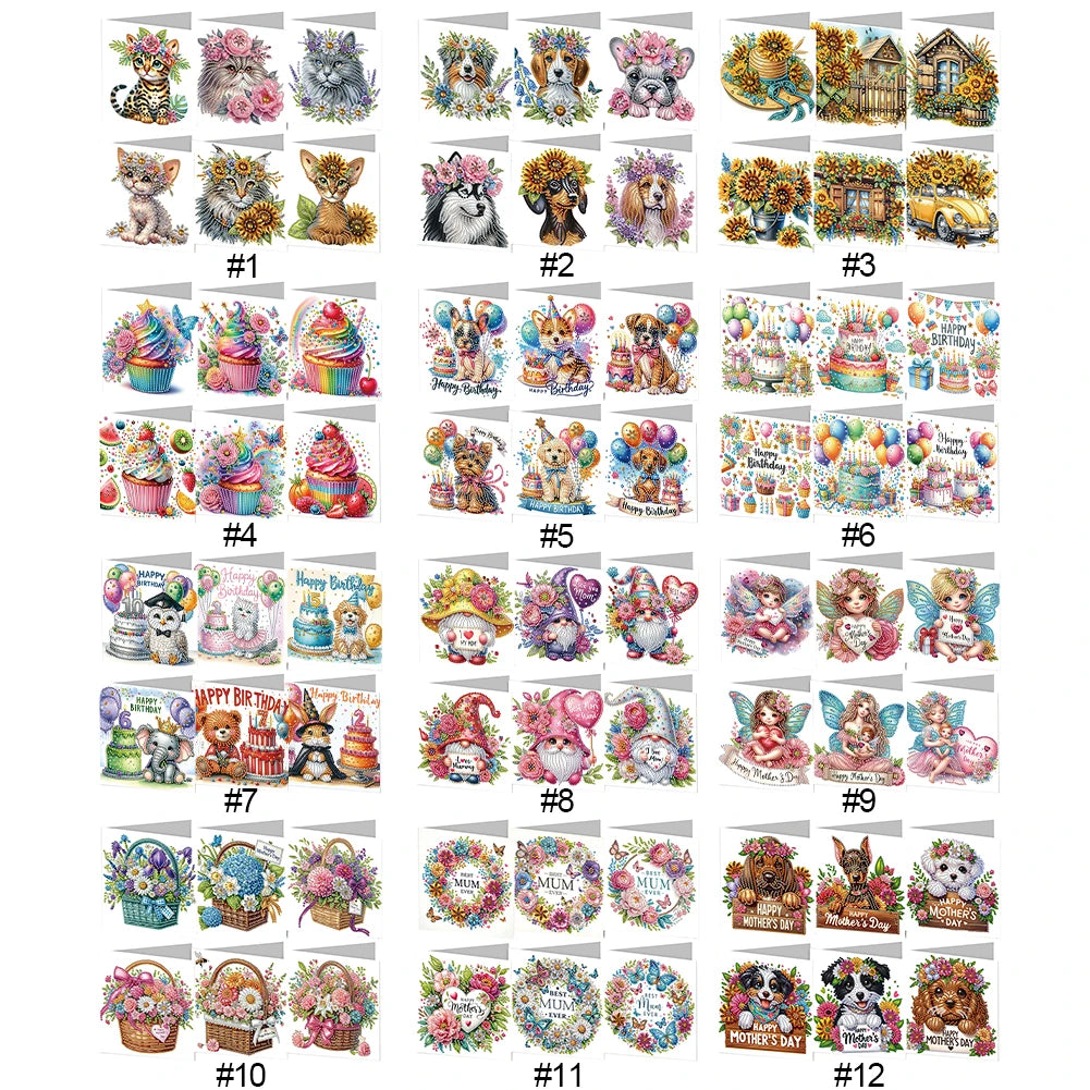 6pcs 5D Rhinestone Embroidery Arts Cards Kits Diamond Painting Greeting Thank You Card Arts Crafts for Birthday Thanksgiving Day