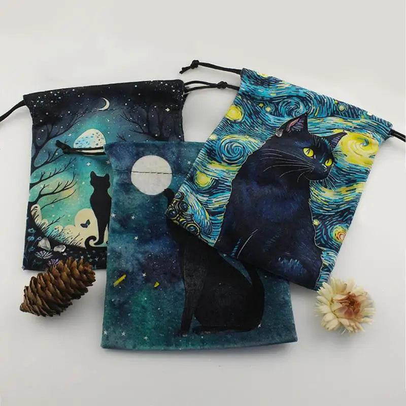 Tarot Card Velvet Storage Bag Mystery Velvet Pouches With Drawstrings Printed With Black Cat Pattern Tarot Card Pouch Organizer