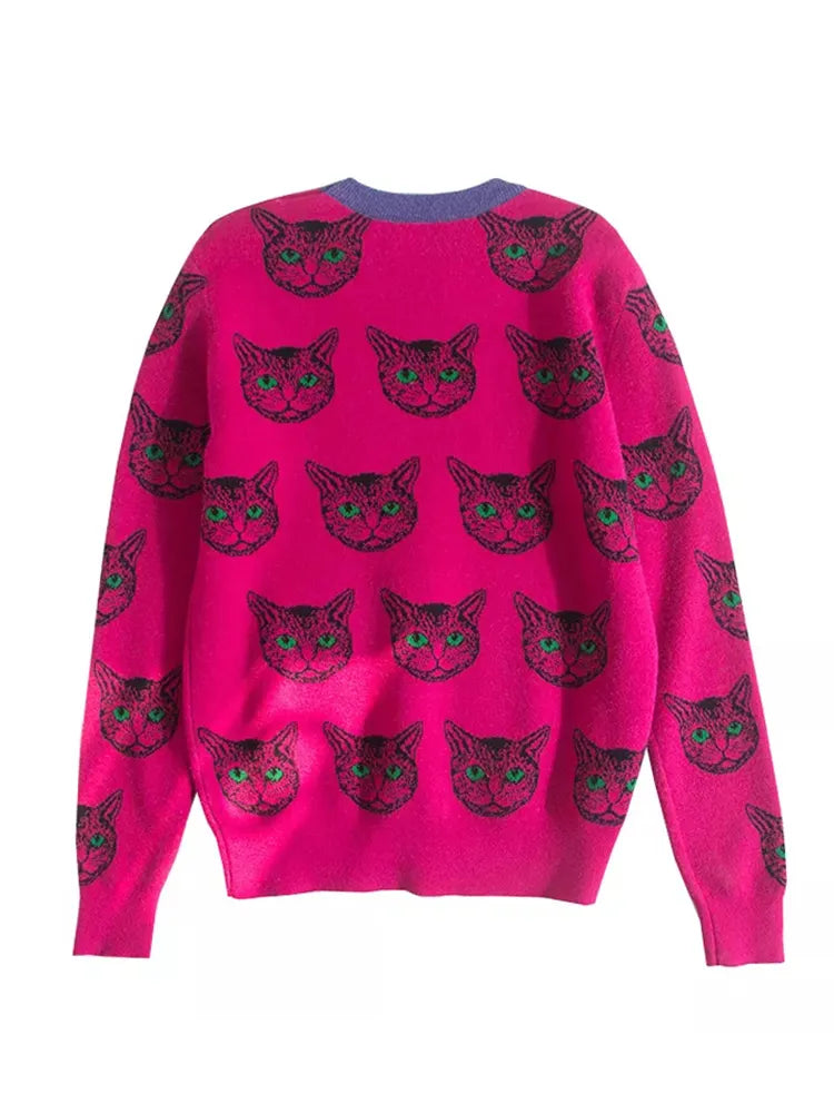 High Quality Runway Designer Cat Print Knitted Sweaters Pullovers Women Autumn Winter Long Sleeve Harajuku Sweet Jumper C-054