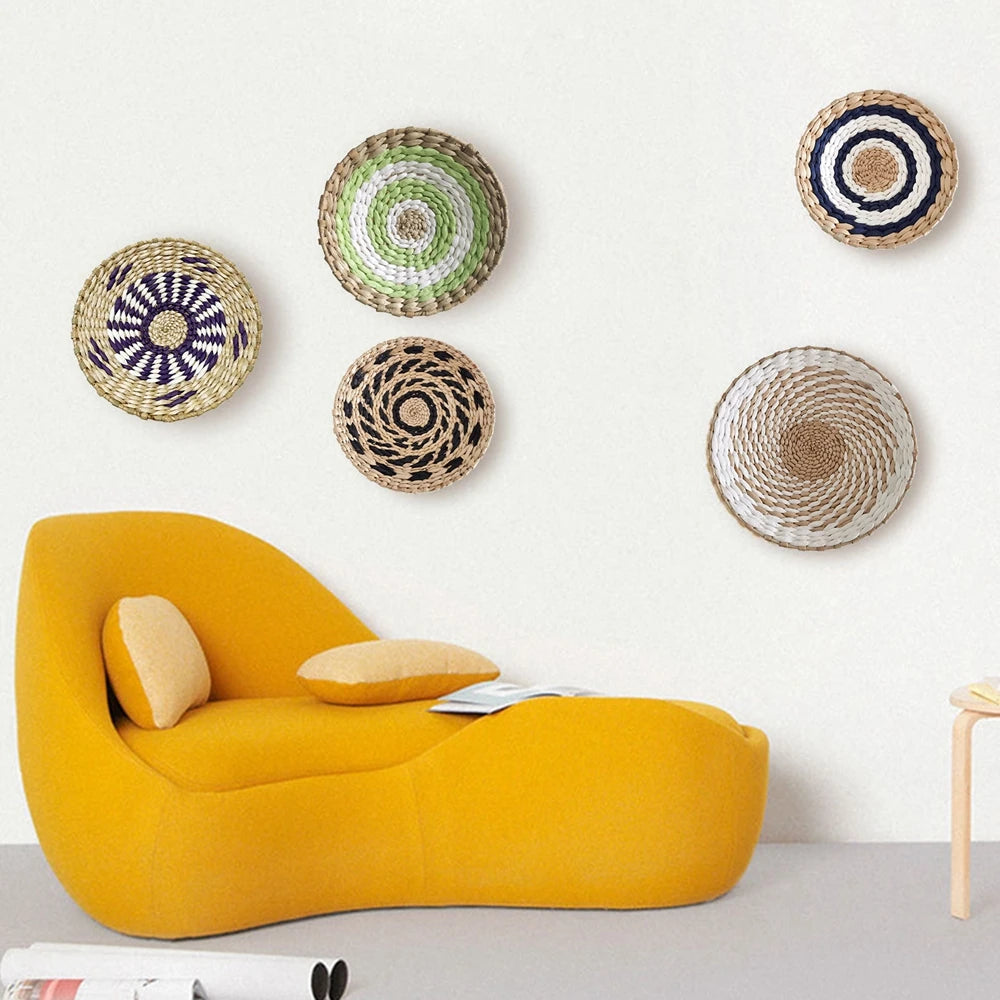 1pc Nordic Style Combination Wall Decoration Rattan Woven Grass Weaving Round Plate For Home Decoration Bedroom Background Decor