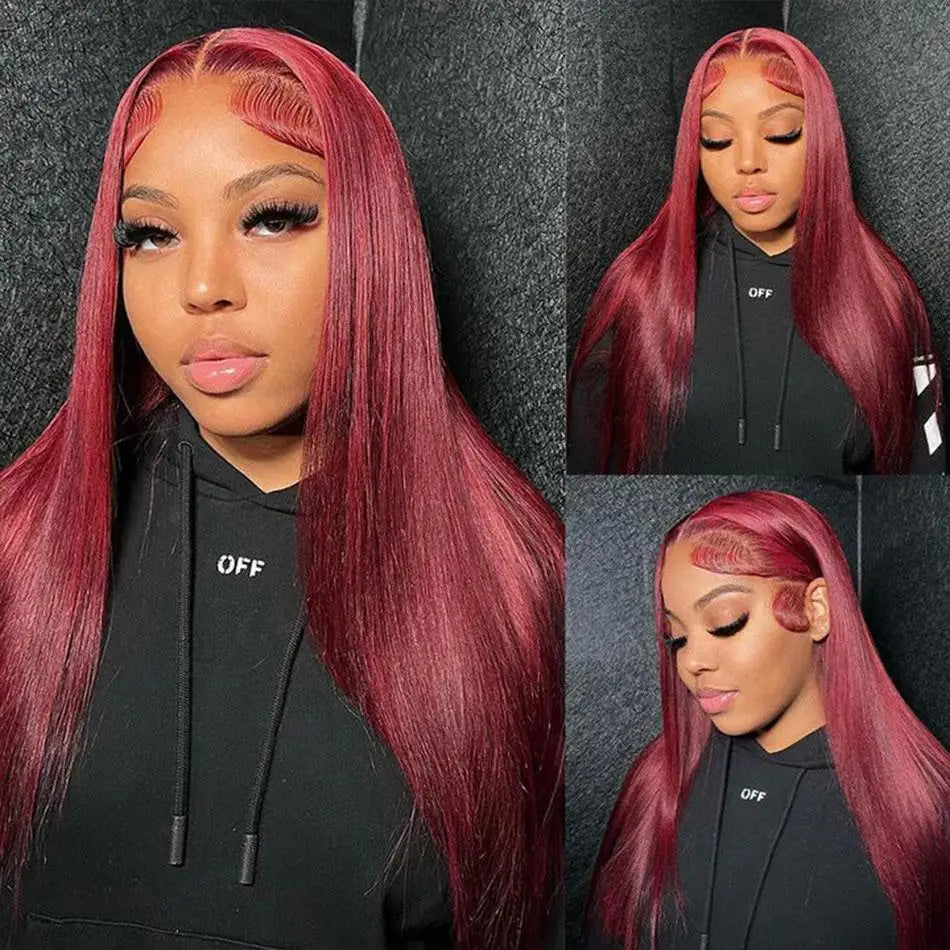 Pre Plucked 99J Colored Human Hair Wig 200% Density 99j Straight Lace Frontal Wig Burgundy 13x6 HD Lace Frontal Human Hair Wig