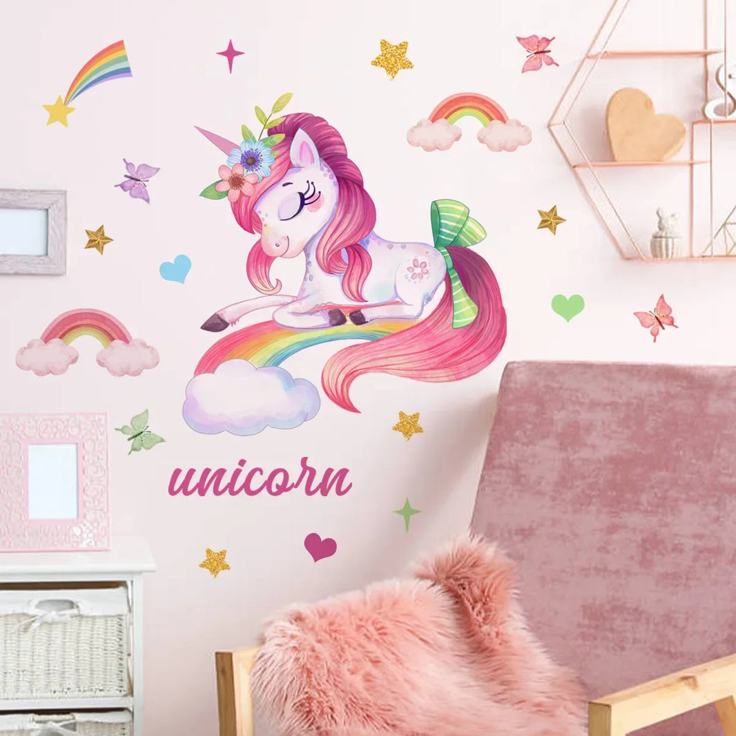 Smiling Unicorn Wall Stickers Background Wall for Kids Room Girls Room Decor Vinyl Wall Removable Decals for Nursery Home Decor