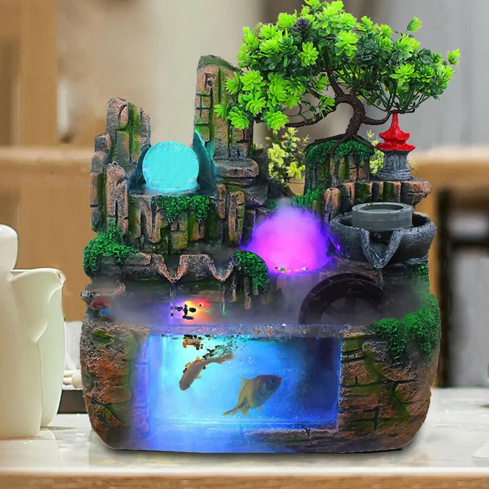 Resin Tabletop Water Fountain – Rockery Design, LED Lighting, Fish Tank, Air Humidifier, Meditation Aid for Home and Office Déco