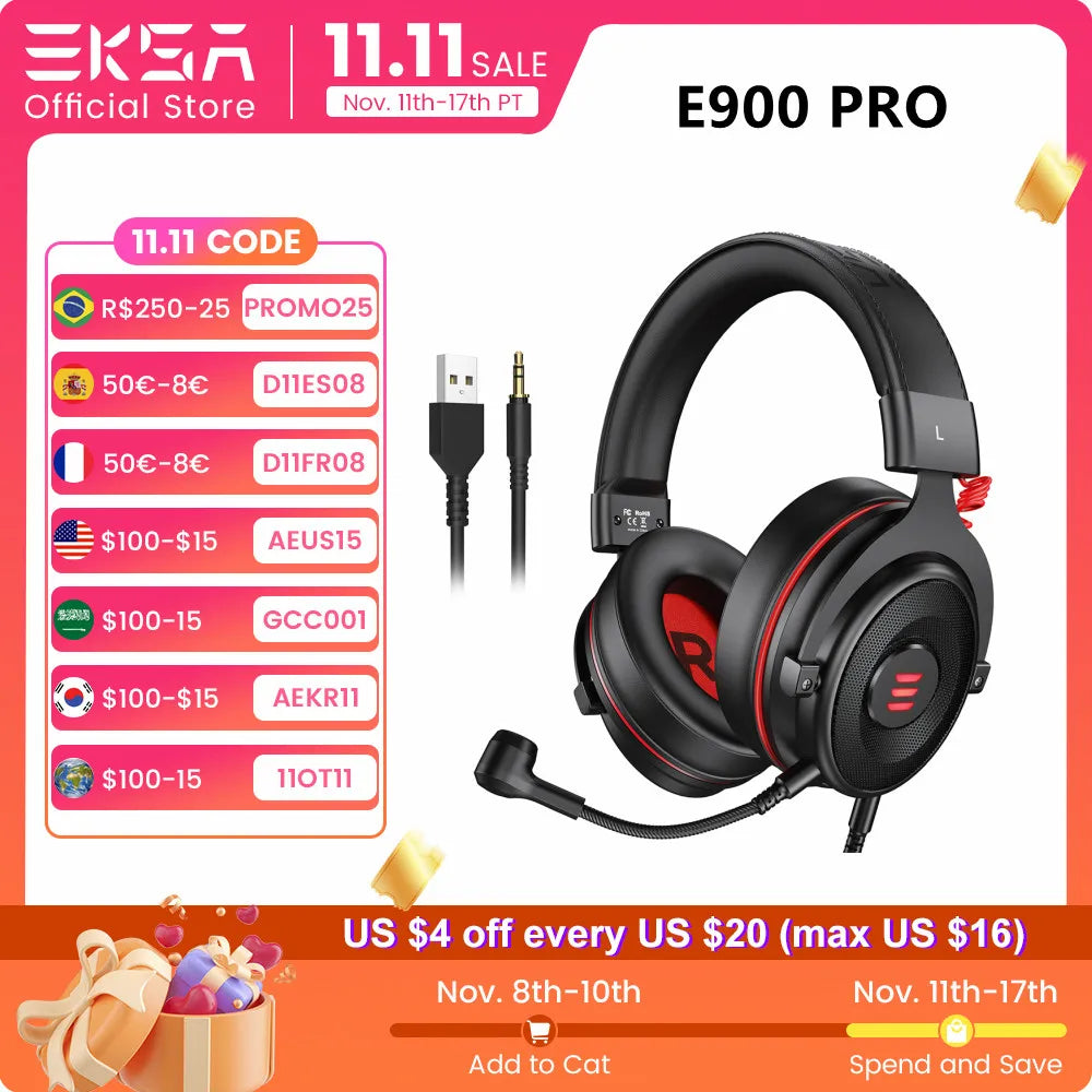 EKSA Gaming Headset Gamer 7.1 Surround & 3D stereo USB/Type C/3.5mm Wired Gaming Headphones with Microphone For PC/PS4/PS5/Xbox