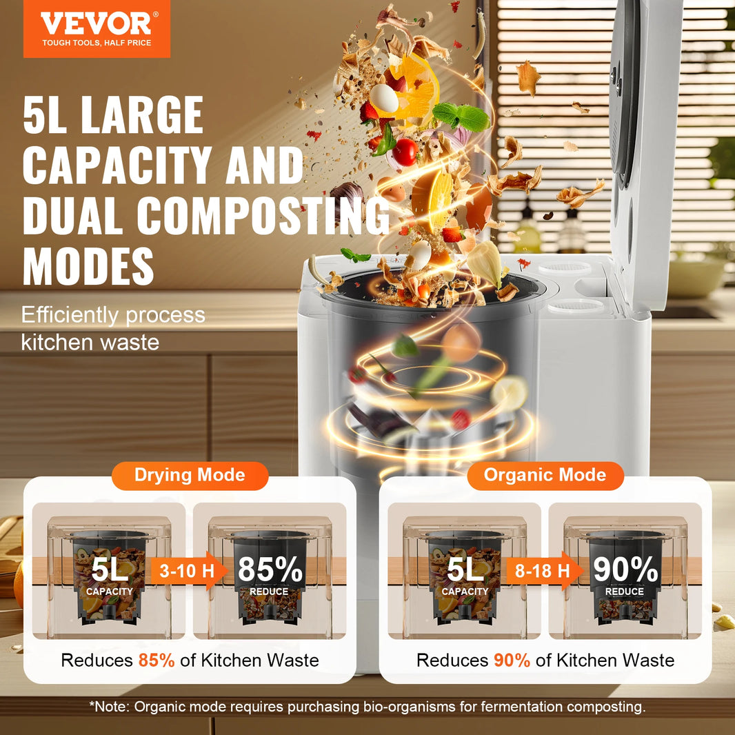VEVOR Kitchen Composter 5 L Electric Composter for Kitchen Indoor Kitchen Food Recycler Turn Food Waste into Natural Fertilizer
