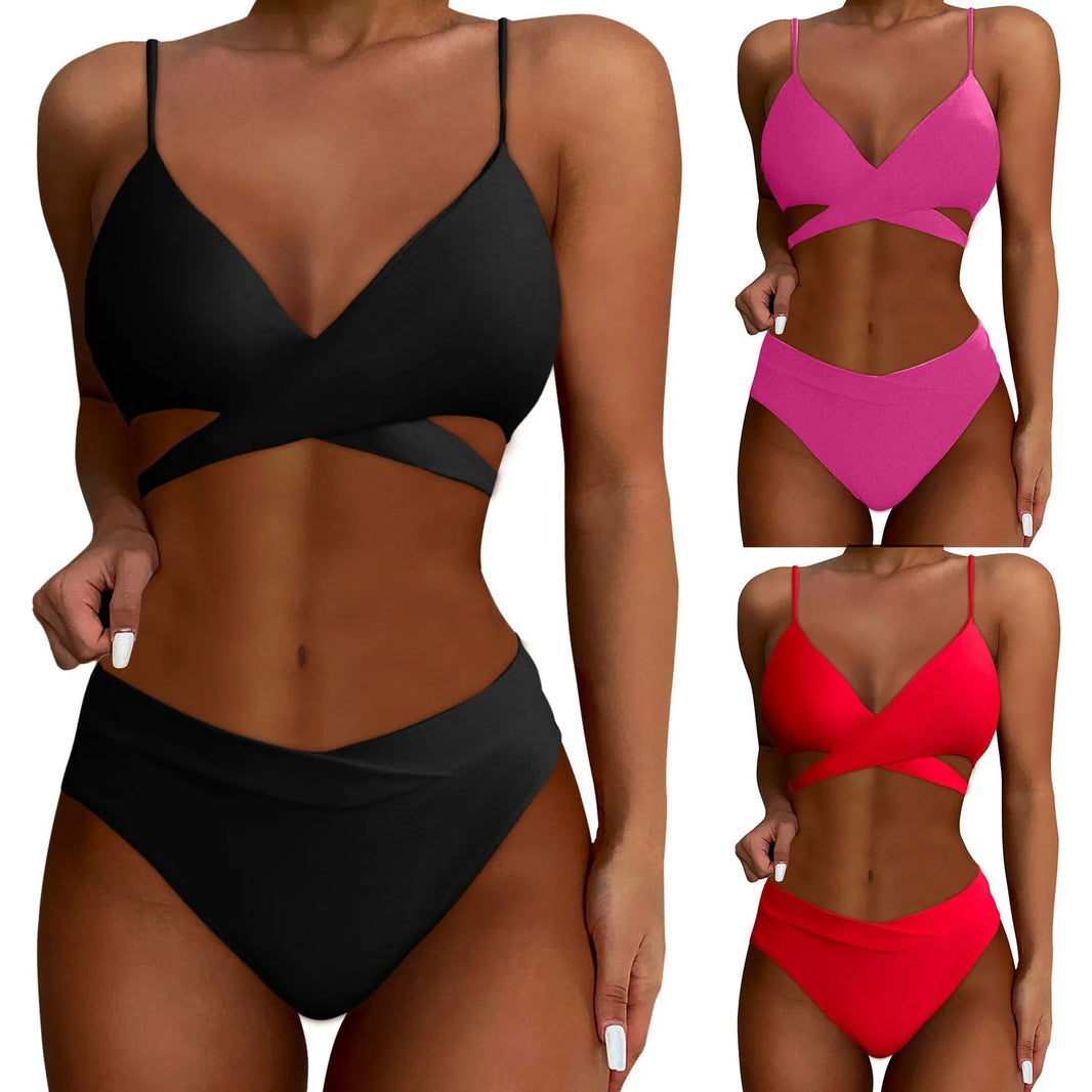 Summer Separate Two-Piece Swimwear Double Shoulder Thin Shoulder Straps V-Neck Push Up Bikini Solid Color Cut Out Swimsuit