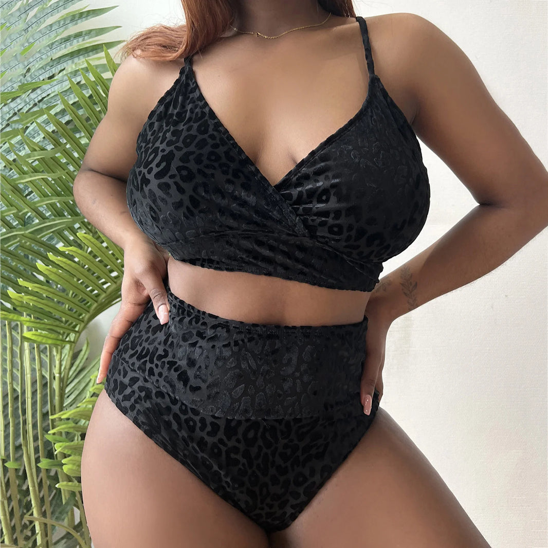 Women's Plus Size Bikini Set Leopard Printed Back Lace Up Strap High Waist Push Up Split Swimsuit Summer Female Bathing Suit