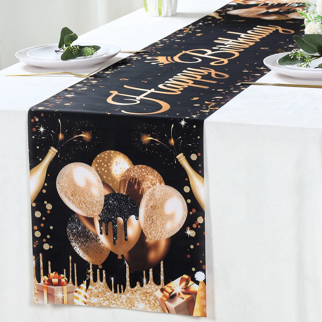 180x35cm Black Champagne Balloon Happy Birthday Table Runner HomeParty Decor Kids Adults Anniversary Birthday Party Supplies ﻿