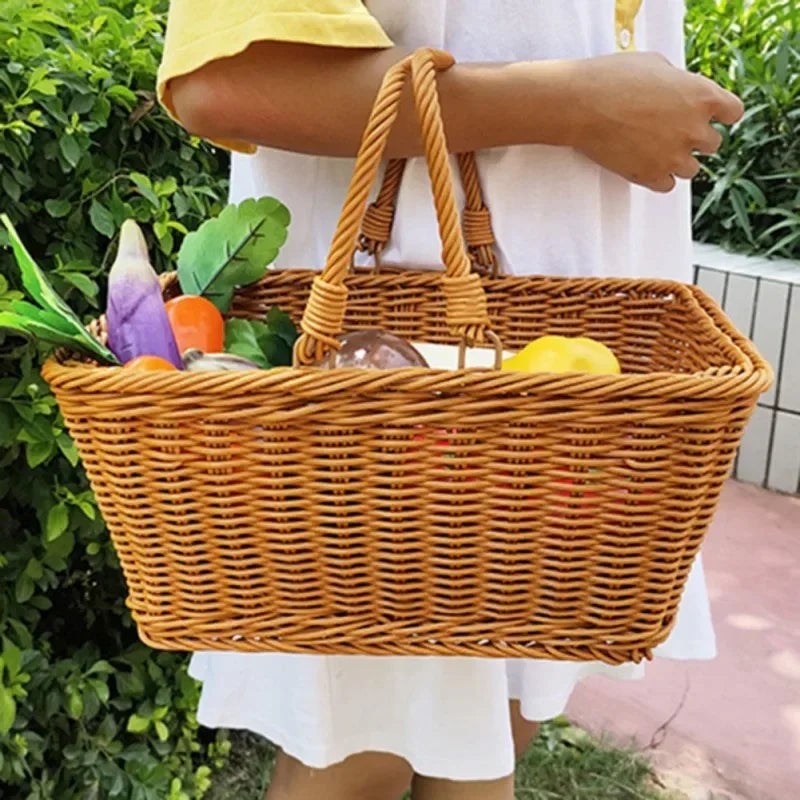 Vintage Wicker Woven Basket Fruit Picnic Easter Candy Thanks Giving Wedding Party Decoration Serving Basket with Folding Handles